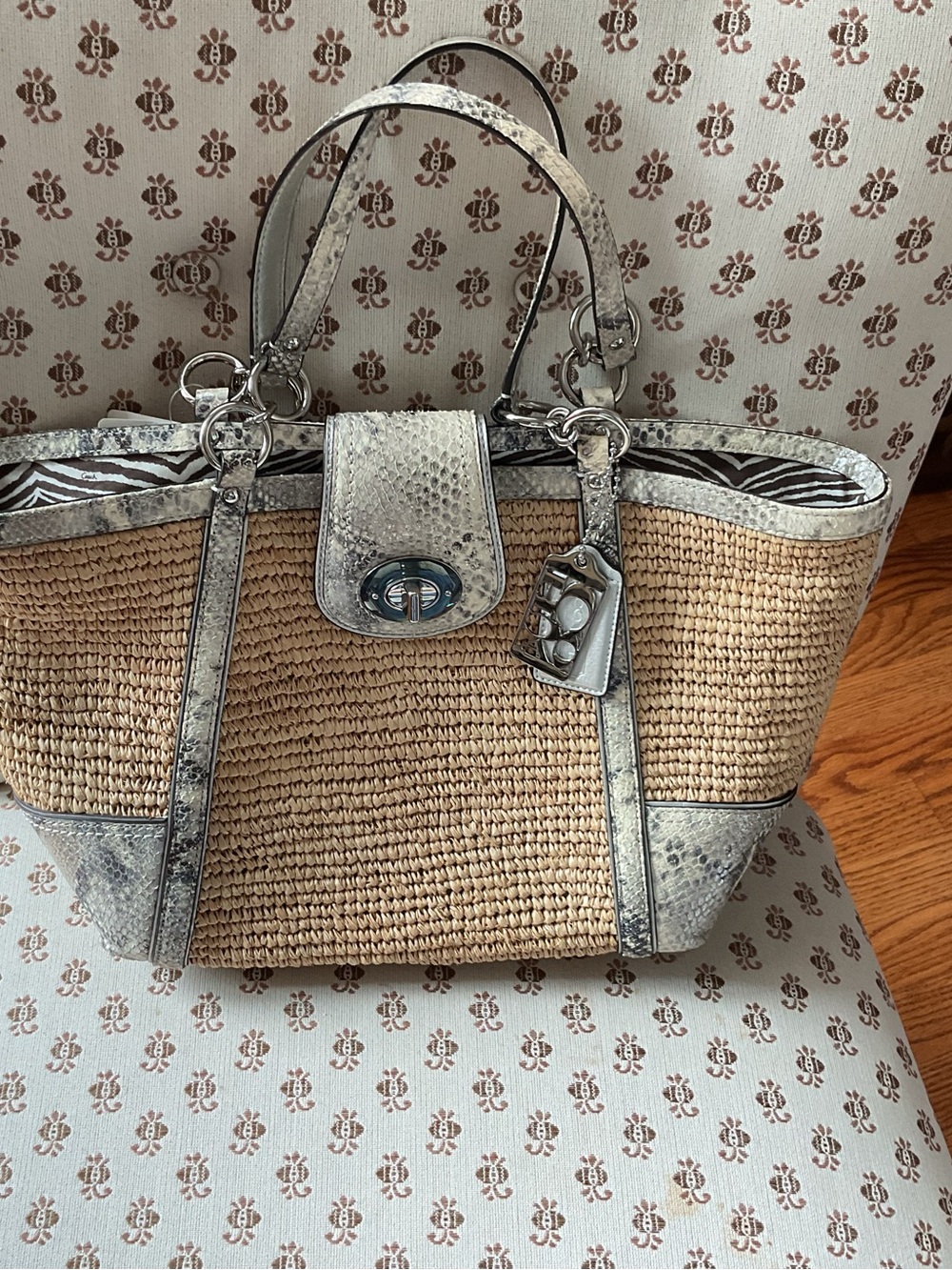 Coach Straw Tote with Silver Snake-Print Trim